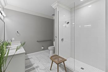 A bathroom with a shower and a sink and a stool